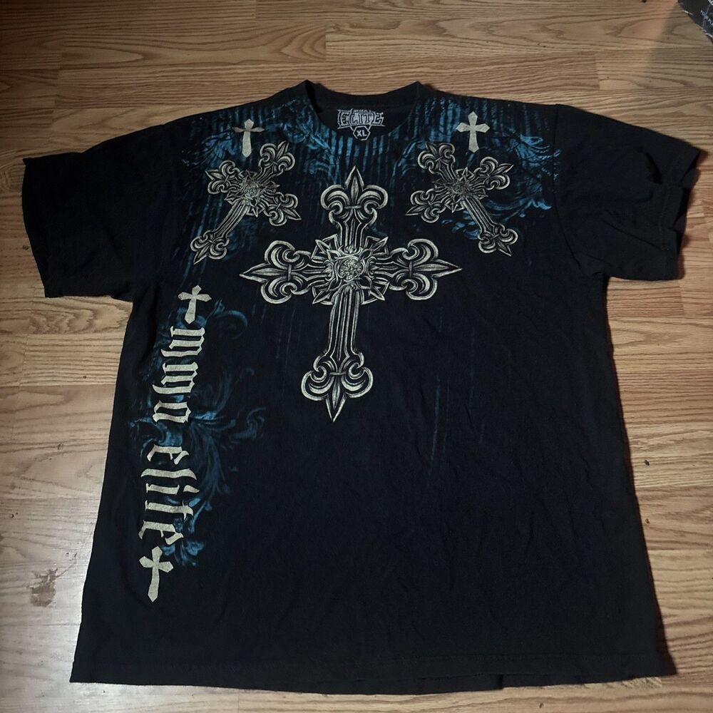 MMA Elite Shirt Mens XL Blue Black Cross Spellout Logo Graphic Y2K Distressed